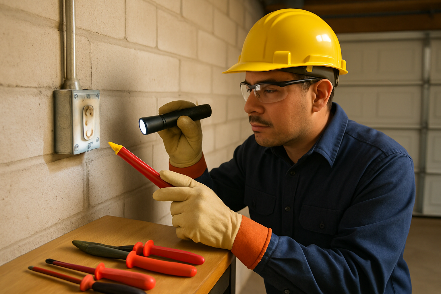 Electricista revisando un tablero ante señales de una posible falla eléctrica