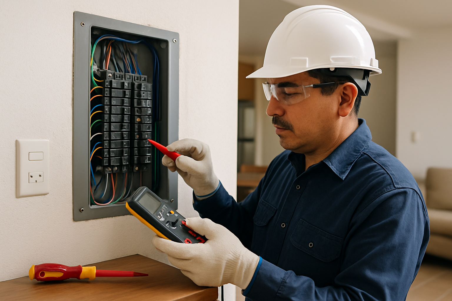 Electricista revisando una instalación eléctrica residencial