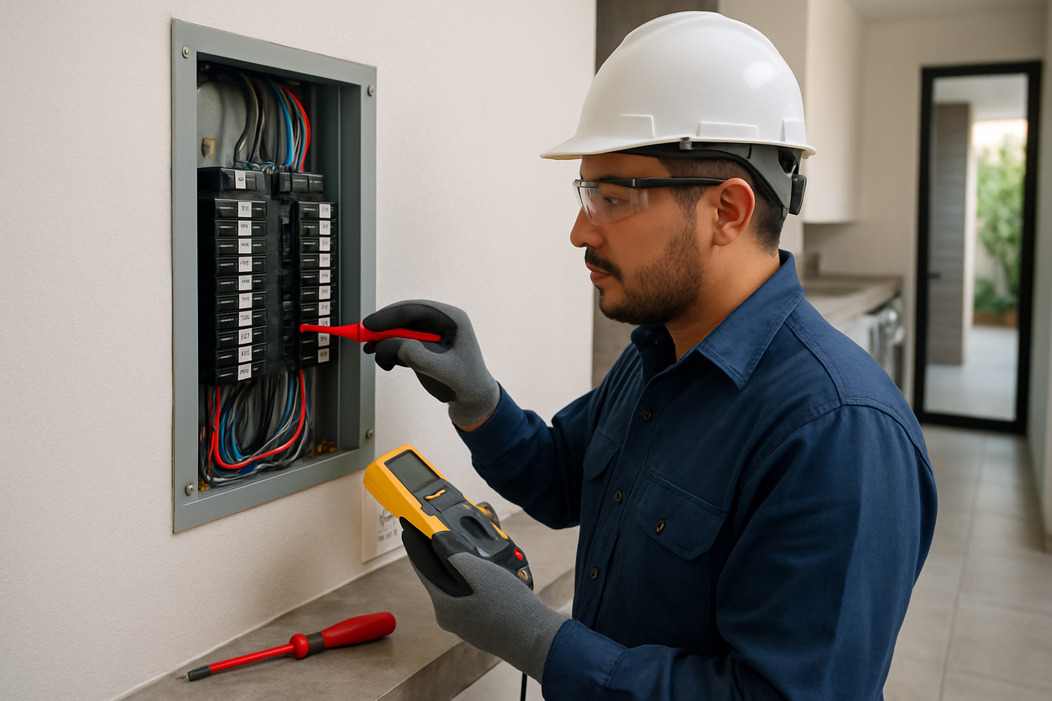 Electricista revisando una instalación eléctrica residencial