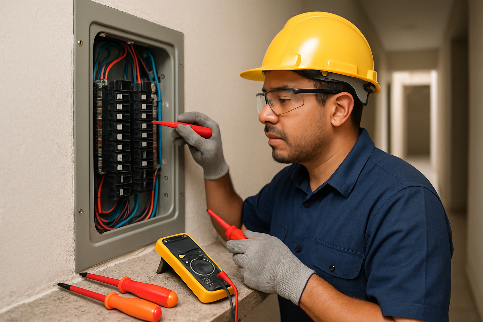 Electricista revisando una instalación eléctrica residencial